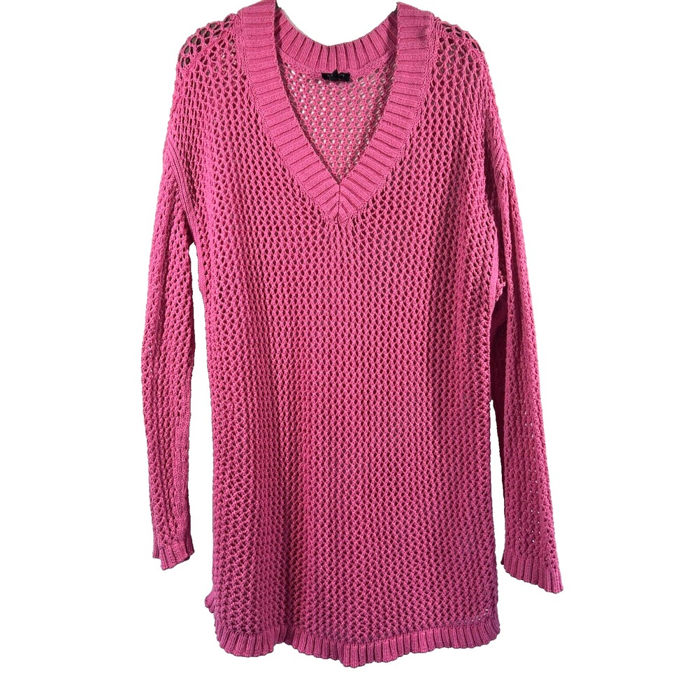 Talbots Sweater Tunic 1X Plus Solid Pink Open Crochet Sheer‎ Long Sleeve Beach